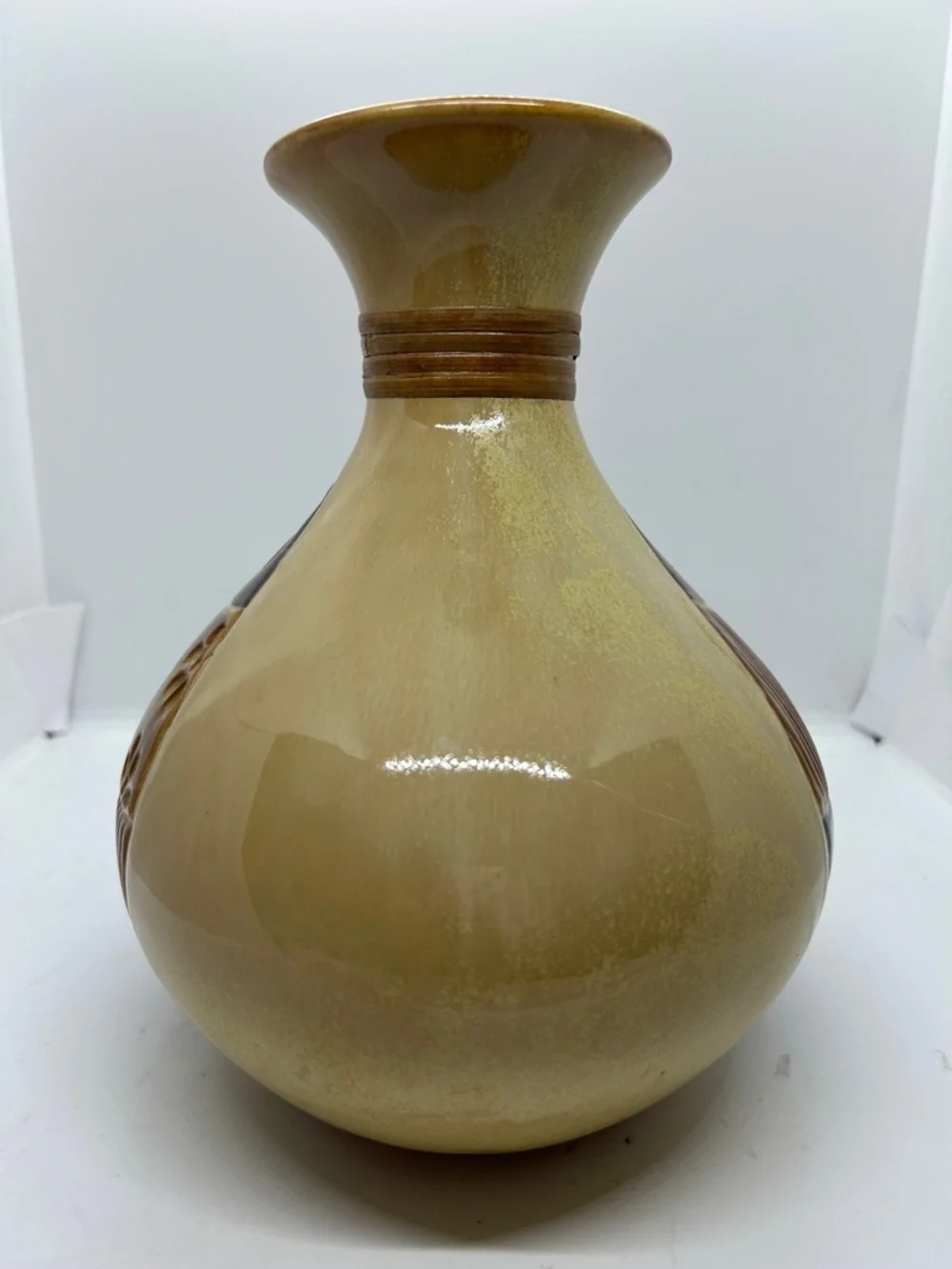 Vase Beige W/blue & Brown Flowers & Stripes Artwork On 2 Sides Unknown Origin